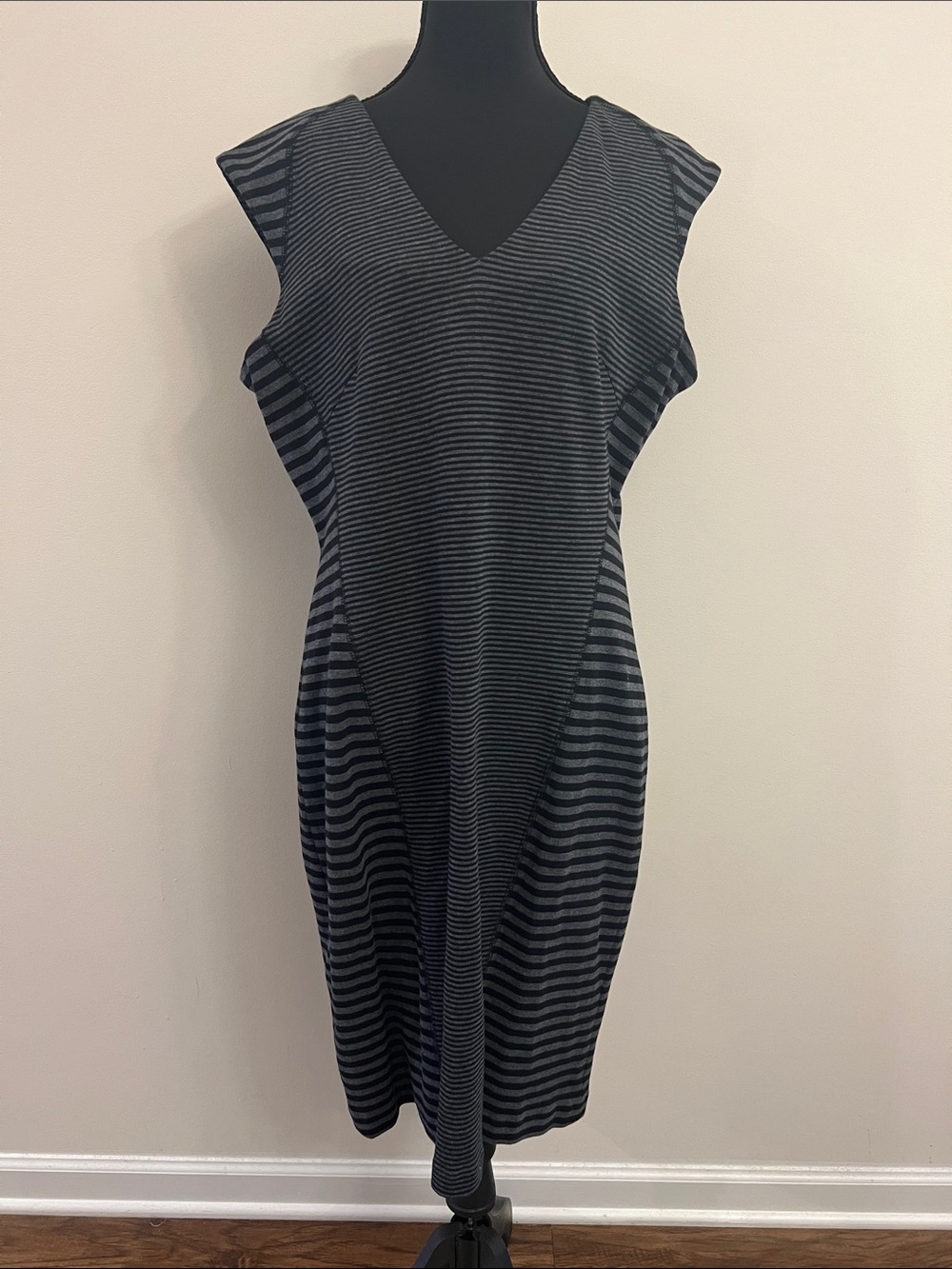 Calvin Klein Black and Charcoal Striped V-Neck Midi Dress
